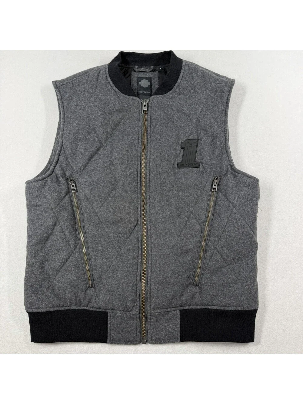 Harley Davidson Mens Sz L Gray Insulated Quilted Zip Vest Riding #1 Sleeveless